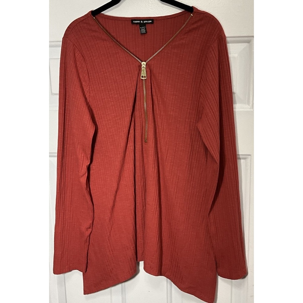 Cable & Guage Orange/Red Long Sleeve Zip V-Neck Ribbed Blouse Women's XL